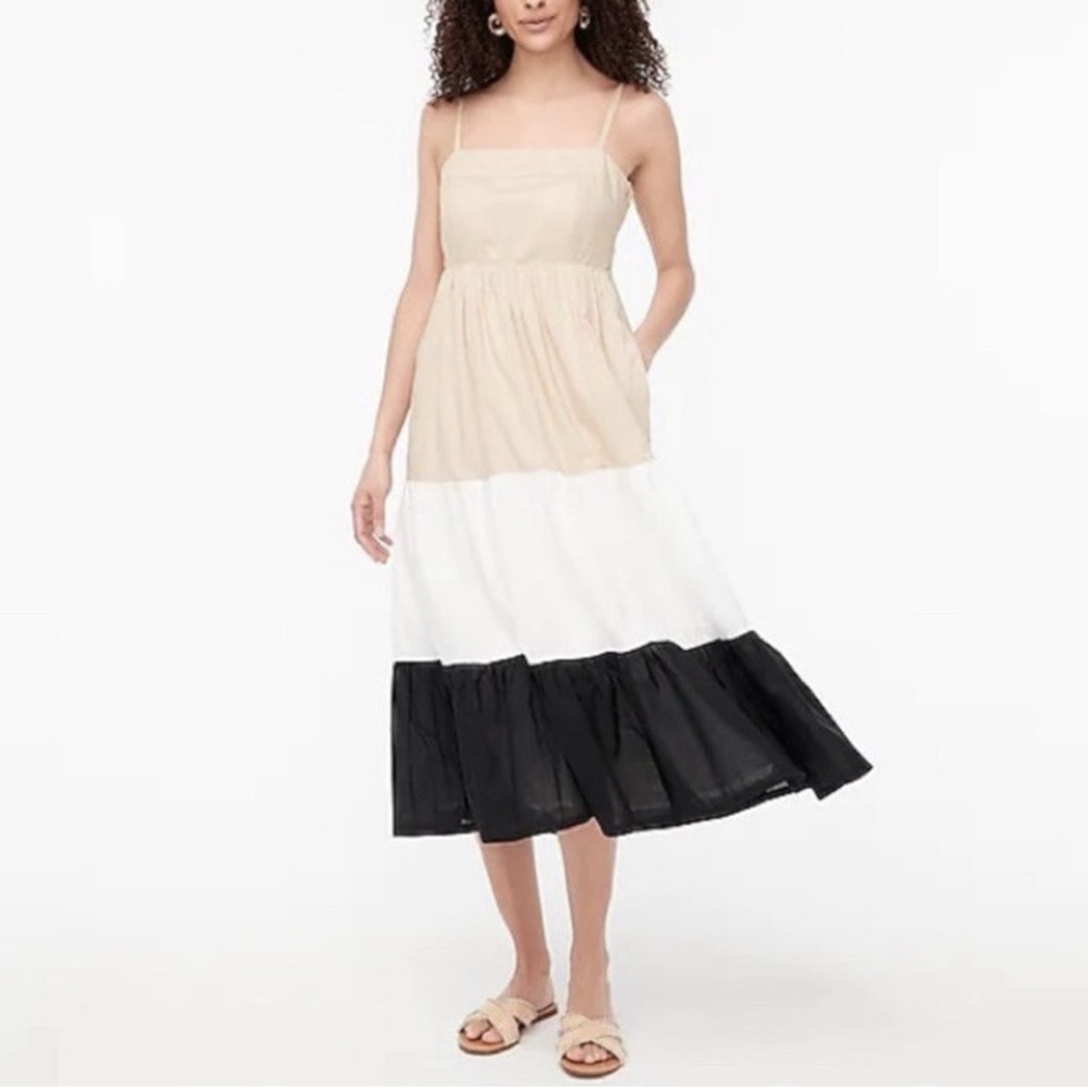 J. Crew Factory Colorblock Tiered Midi Dress in Tan, White, and Black